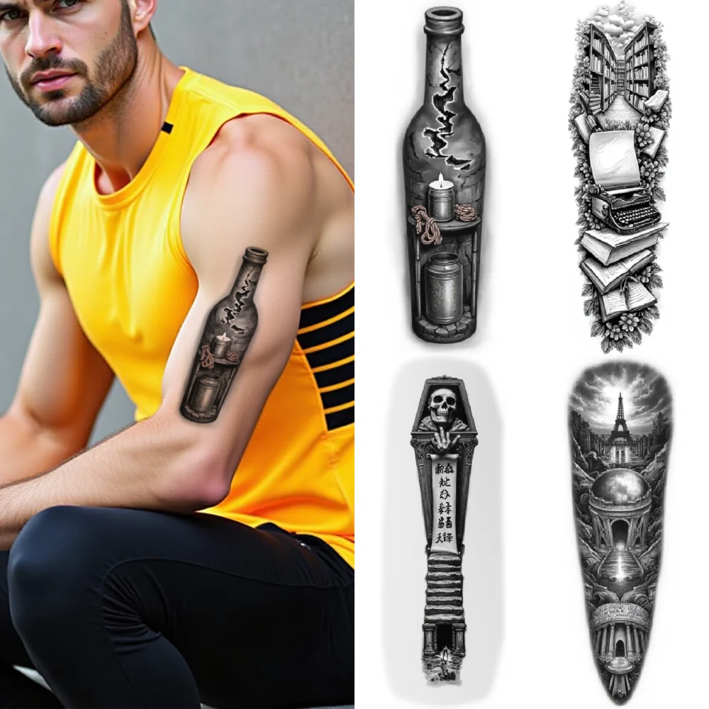 Tatouage temporaire réaliste, 3 pièces, clé avec objets, livres de la tour Eiffel et machine à écrire pour adultes, femmes et hommes