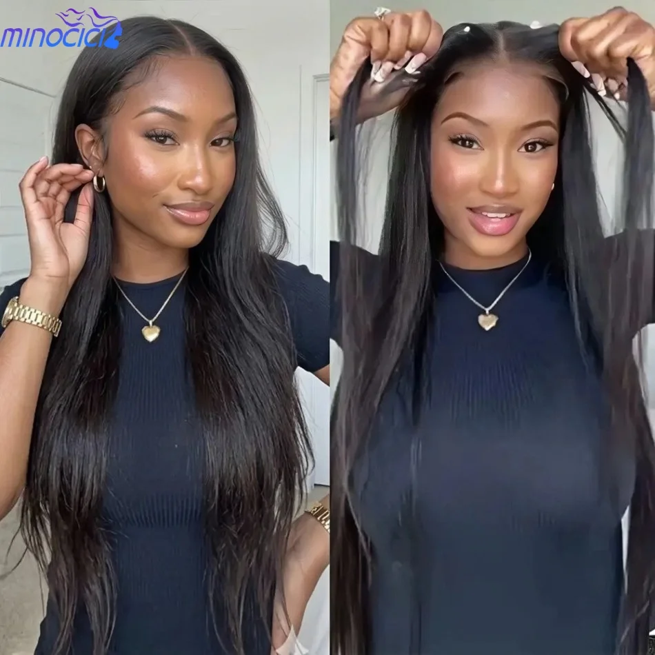 5x5 Glueless Bone Straight Human Hair Wigs Ready To Wear 4x4 Transparent Hd Lace Closure Wig With Drawstring Pre Cut HD Lace Wig 220 Density No Glue Natural Black
