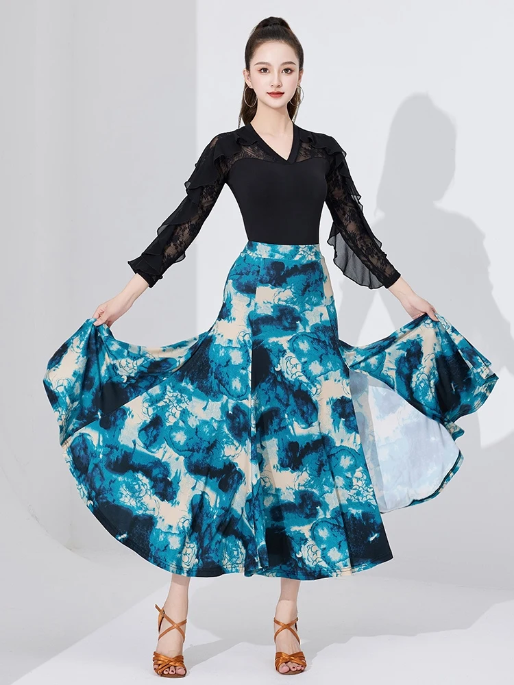 Modern Dance Rock Frauen Drucken Hohe Schlitz Nationalen Standard Tanz Praxis Kleidung Rock Ballroom Dance Performance Tragen DQL11641