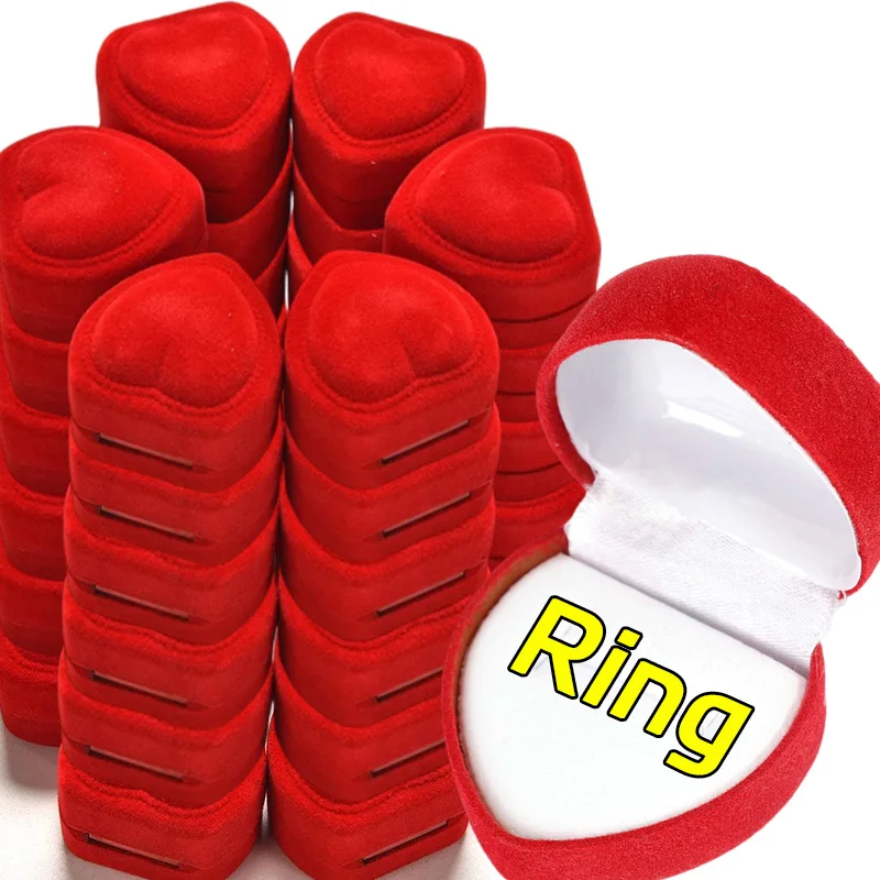 Vintage Flocking Red Heart Shape Ring Boxes Jewelry Earrings Display Cases Holder Gift Box Wedding Rings Box Counter Packaging