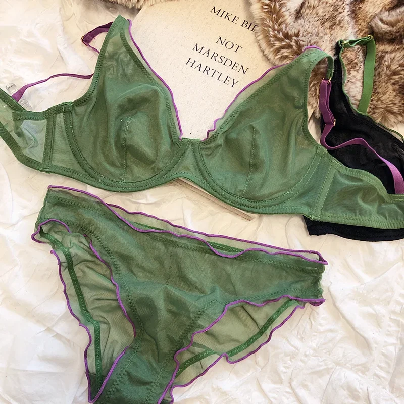 2 Pieces French Ultra Thin Underwear Set for Women Sexy Lace Push Up Bra Set Summer Mesh Comfort Breathable Lingerie and Panties