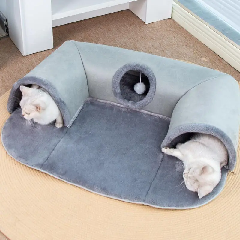 winter Warm Pet House Cat Tunnel Bed with Hanging Plush Ball Toy Indoor Kitten Tube Accent for Multiple Cats Small animal