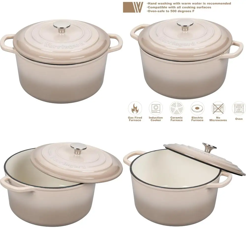 

6-литровая круглая эмалированная чугунная голландская духовка с крышкой для выпечки хлеба на закваске, идеально подходит для выпечки и запекания, цвет латте