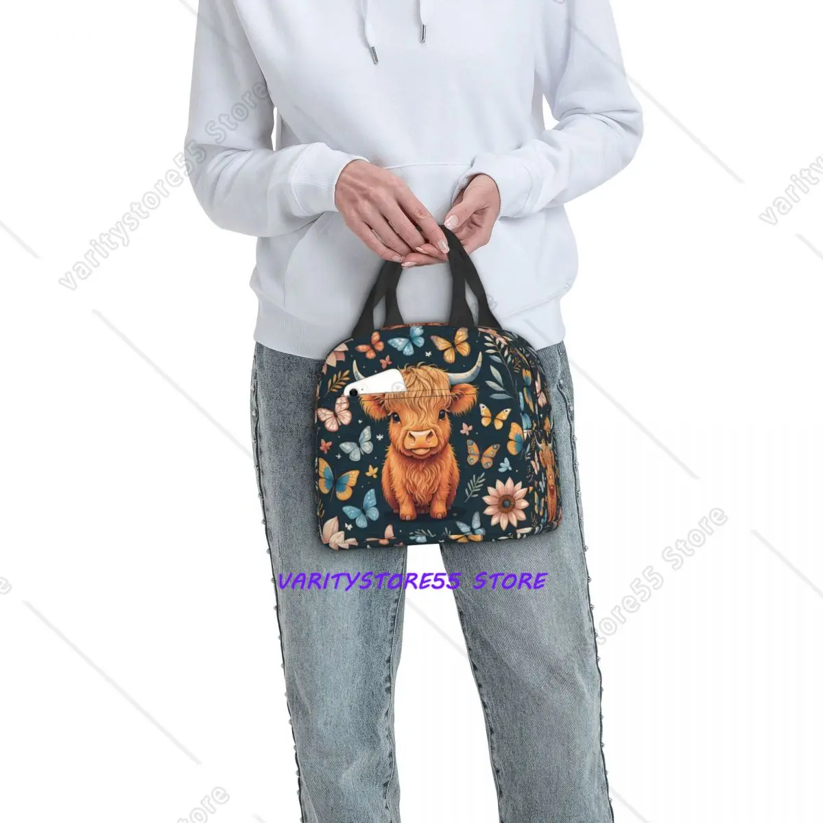 Custom Highland Cow And Flower Lunch Box for Women Leakproof Cooler Thermal Food Insulated Lunch Bag Portable Picnic Tote Bags
