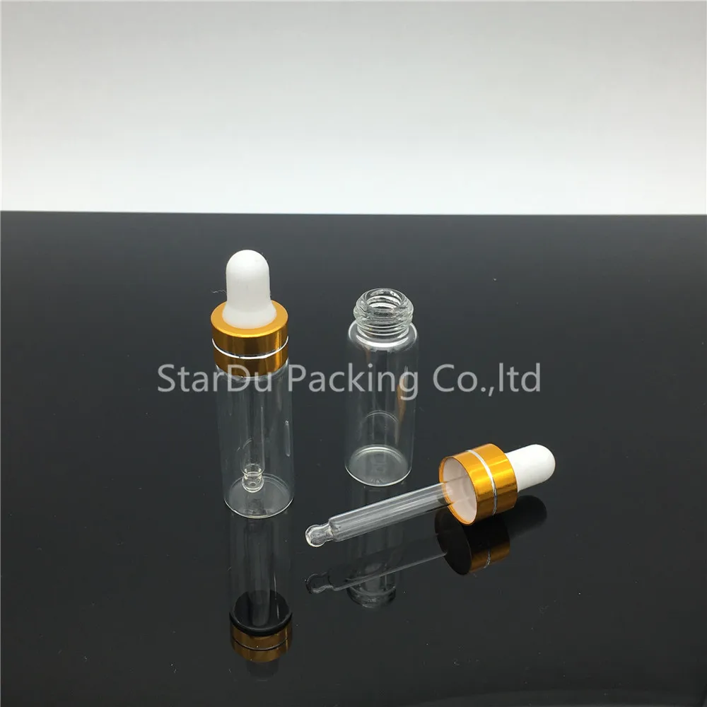 Free Shipping 500PCS 5ML Clear Glass Golden White Head Reagent Eye Dropper Drop Aromatherapy Liquid Pipette Bottle