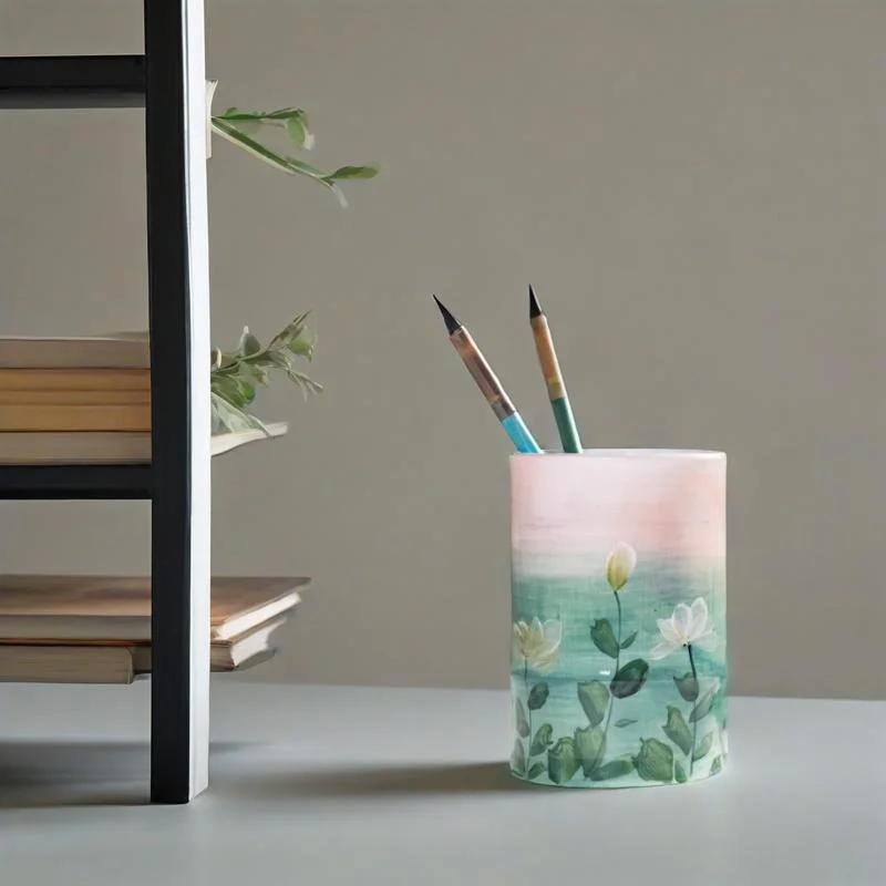 

Керамический держатель для ручек с ручной росписью, стиль масляной живописи, легко чистится для хранения канцелярских принадлежностей, украшение дома, цветочная композиция