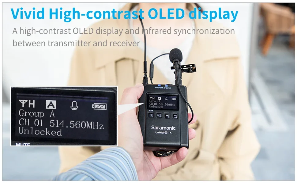 ชุดไมโครโฟนไร้สาย Saramonic UwMic9S Kit2 Mini UHF แบบสองช่องสัญญาณ พร้อมจอแสดงผล OLED ระบบโมโน/สเตอริโอ พร้อมระบบมอนิเตอร์หูฟัง