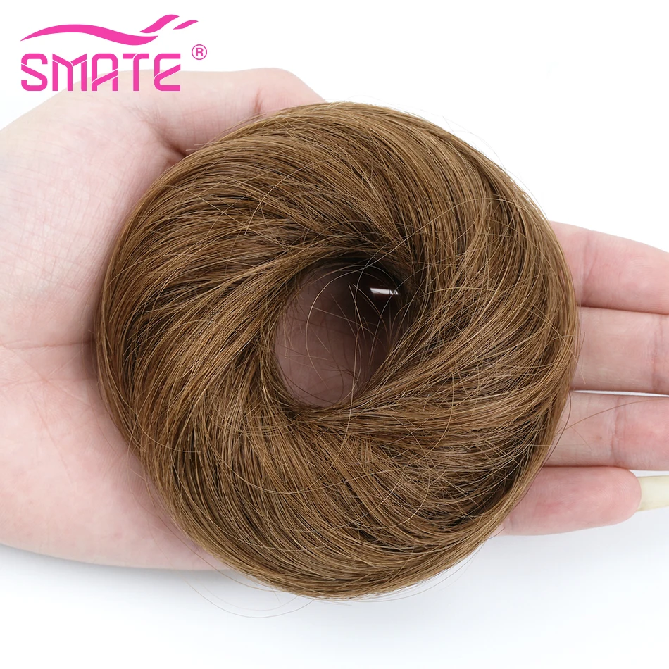 SMATE 100% Human Hair Bun Extensions Sewn One Updo Straight Messy Donut Chignon Hair Piece Wig Machine Remy European Wavy Buns