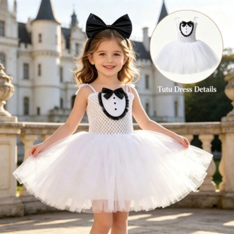 

Elegant white sleeveless dress for girls, white tulle tutu dress set, formal gowns for kids' parties, casual daily dresses