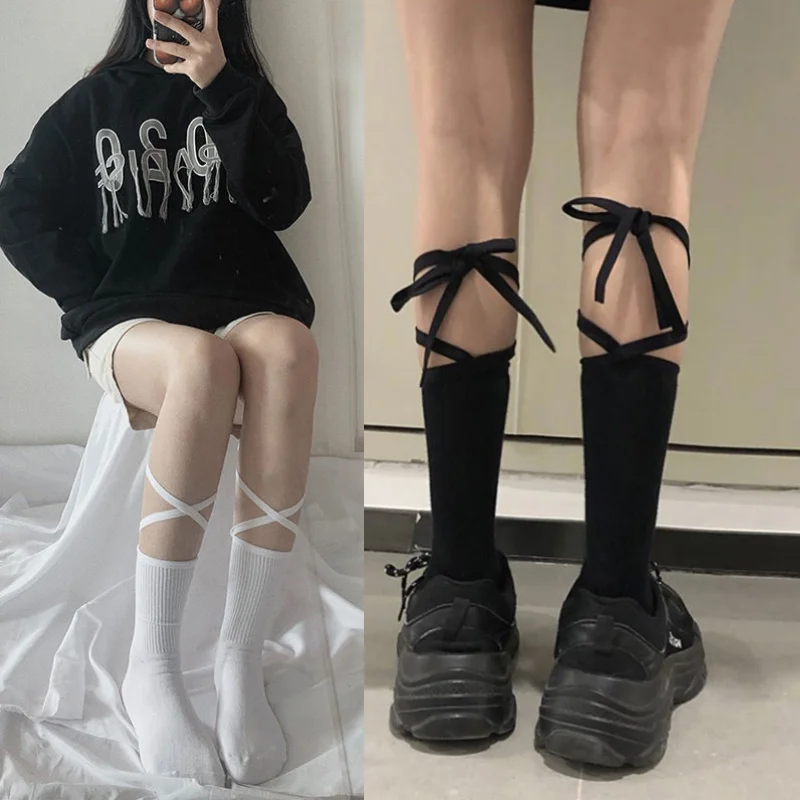 Calcetines de tubo con tiras cruzadas para mujer, medias femeninas de estilo japonés Harajuku, con falda de letras sexys de Lolita, color blanco y