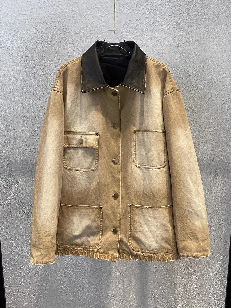 جديد ملابس العمل نمط جلد البقر تقسم الدنيم الرجعية المرأة سترة متعددة جيب معطف الخريف الشتاء شيك السيدات فضفاضة تناسب ملابس خارجية