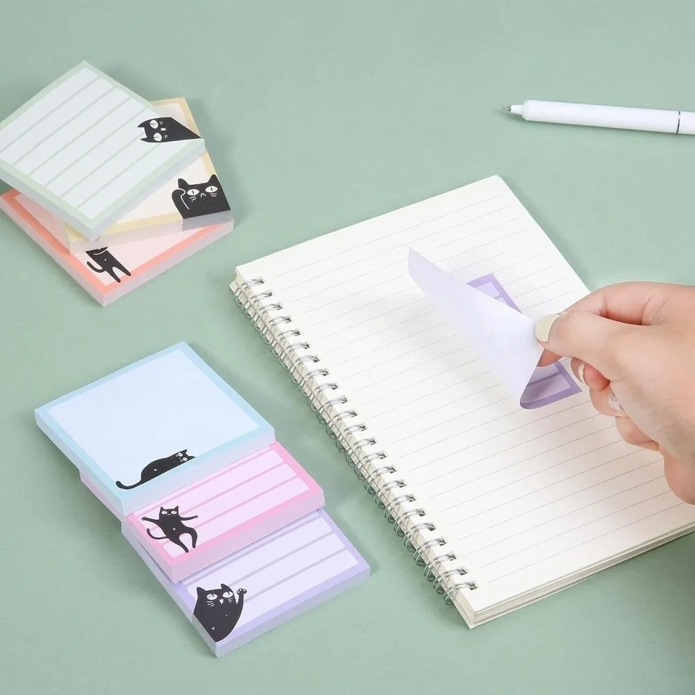 9pcs Set Black Cat Sticky Notes Random Patterns Macaron Style Self-Stick Note Pad Sticky Backing Colorful Page Markers