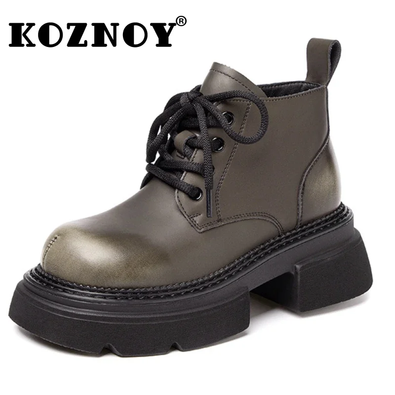 Koznoy 6CM New Cow Genuine Leather Women Fashion Chimney Ankle Boots Spring Big Toe Ankle Mid Calf Booties Flats Autumn Shoes