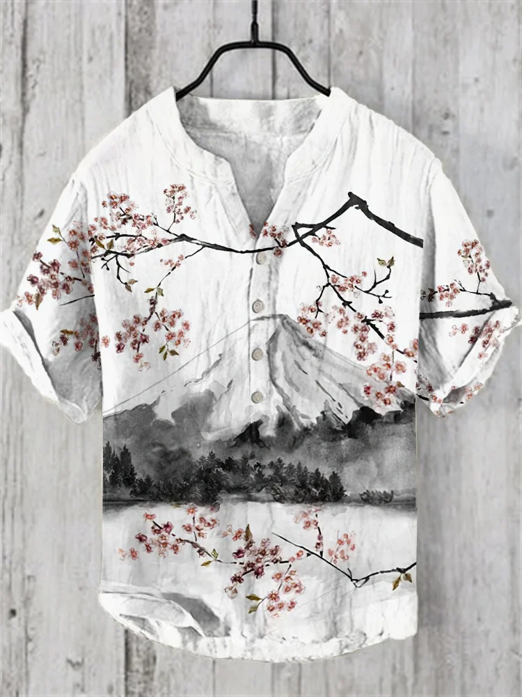 

Short sleeve shirt with cherry blossom print ink, loose bamboo linen shirt, raised collar, foreign trade fashion, casual top,new