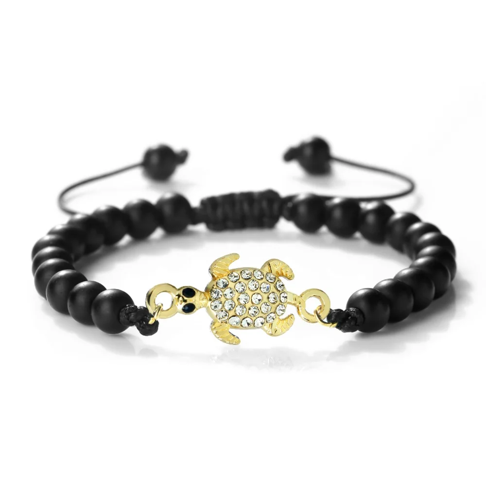 6mm Natural Stone Adjustable Braided Bracelet with Turtle Pendant Symbols of Longevity and Wisdom Spiritual Energy Jewelry Gifts