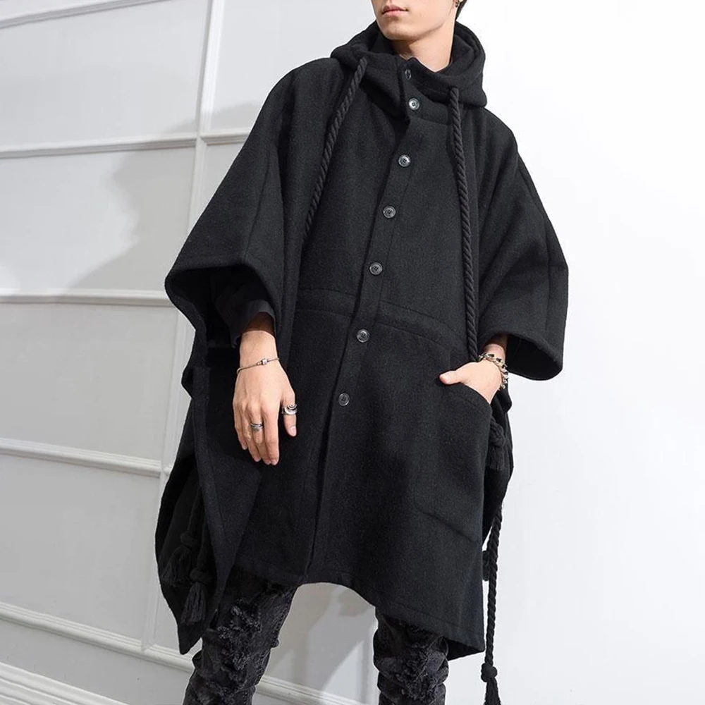 Mens Dark Style Mid-Length Casual Hooded Cape Autumn And Winter Genderless Fashion Retro Loose Solid Color Shawl Cape Unisex