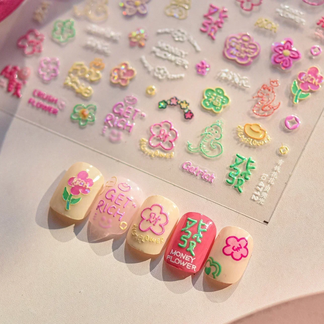 Graffiti dos desenhos animados rosa flor cobra arte do prego adesivos dinheiro moeda yuanbao fu ano novo chinês rico strass manicure decalques