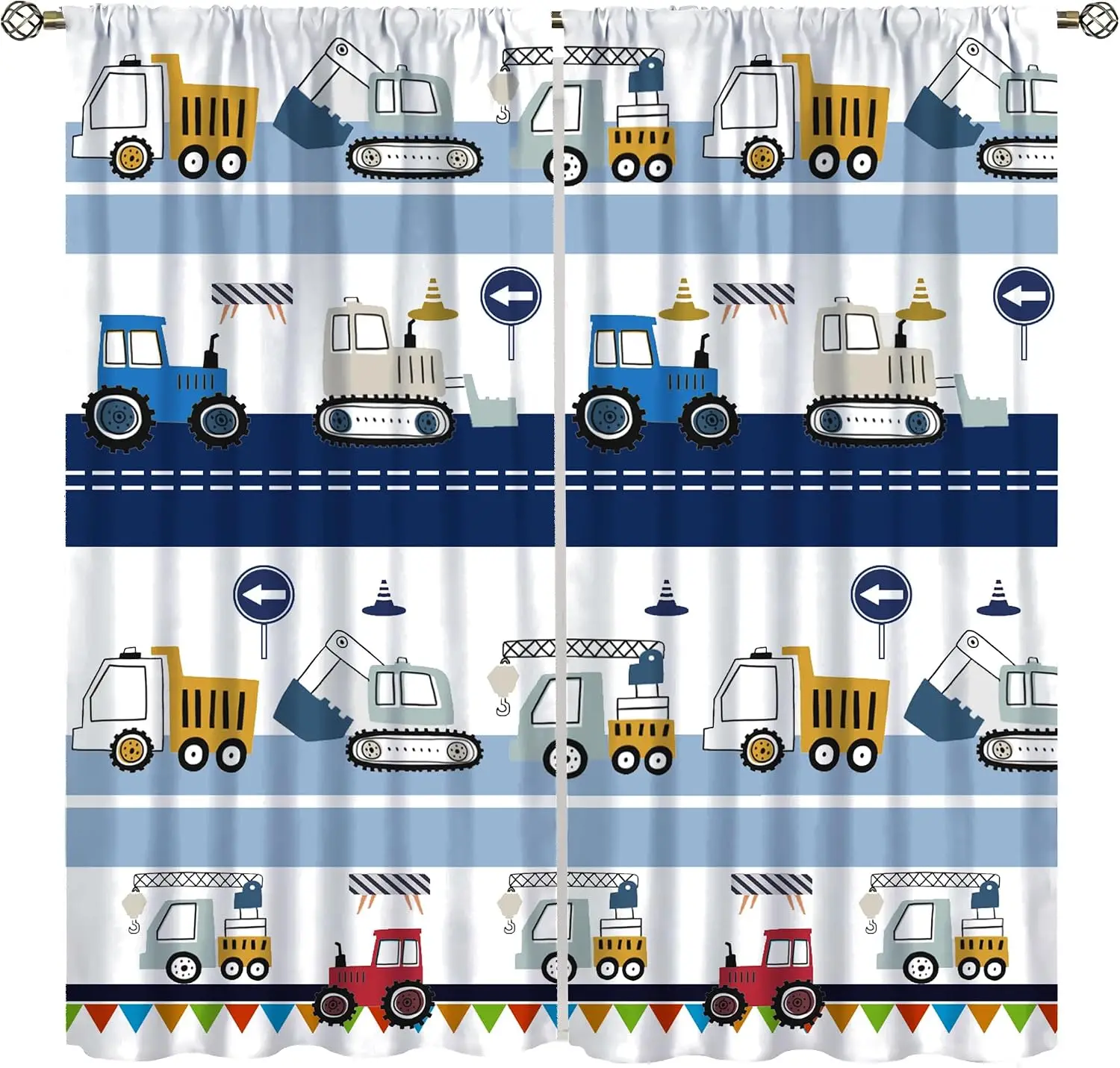 Cartoon Striped Truck Curtain 2 Panels,Mix Construction Machine Road Stripe Print, Curtains for Boy Playroom Simple Kids Curtain