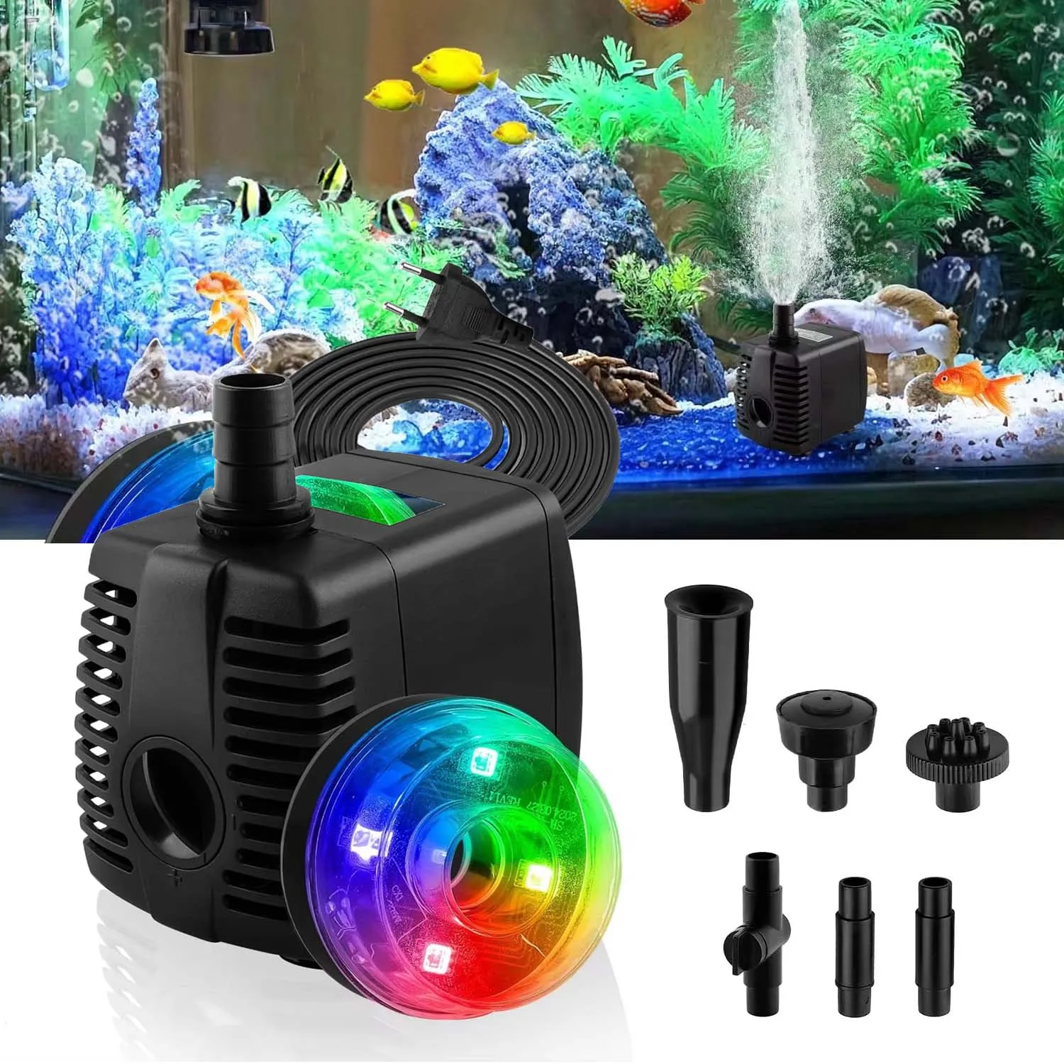 

15W Water Fountain Pump with LED Light Pump Fountain Outdoor Garden Fish Tank Bird Bath Pool Color Changing Aquarium Pump