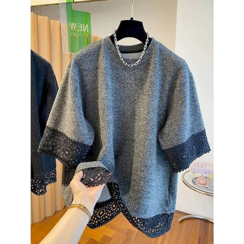 

O-neck T-shirts for Women Summer Lace Hem Patchwork Tops Oversized Casual Korean Style Short Sleeve Large Size Aesthetic Clothes