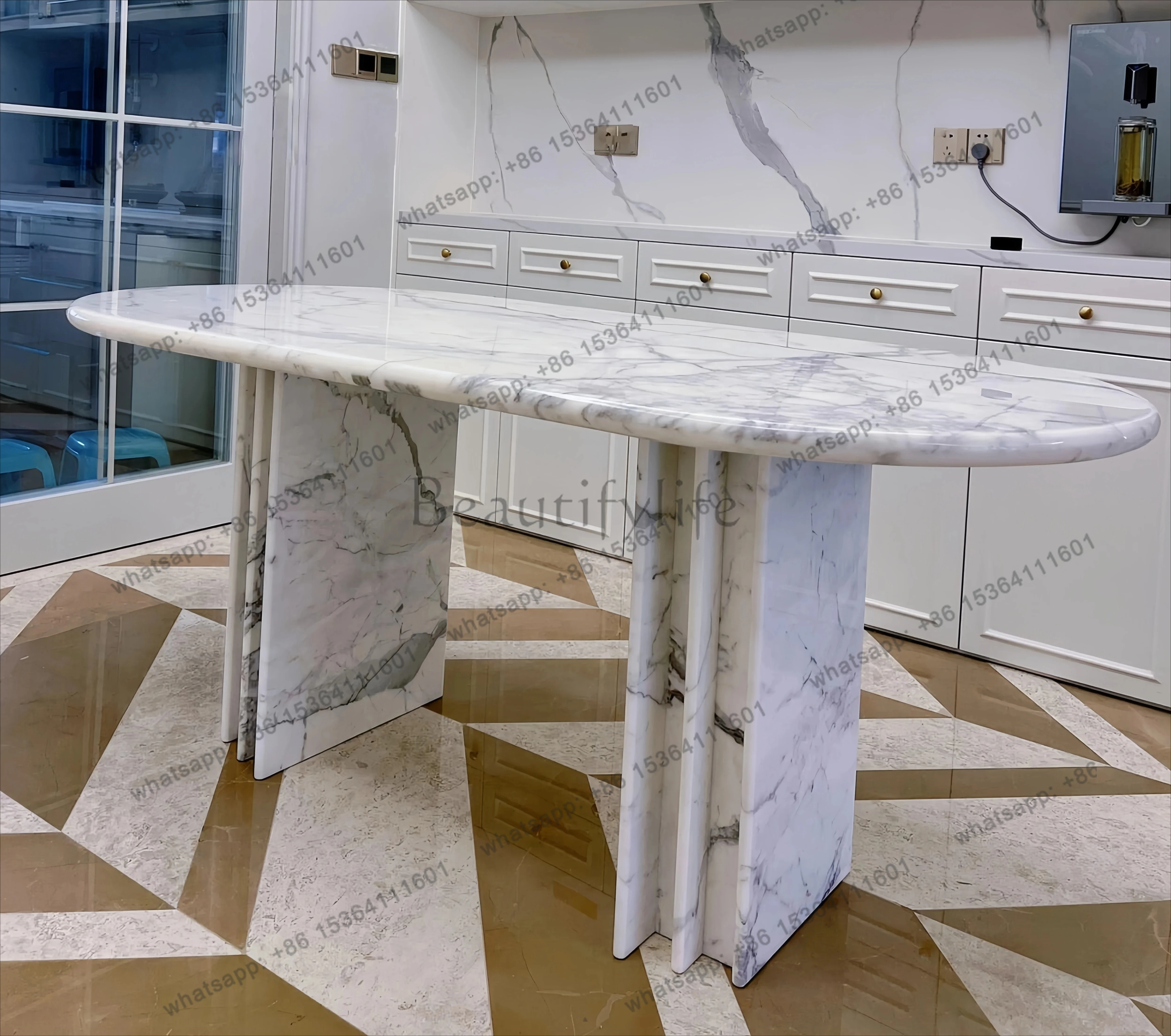 

French retro marble dining table in the ancient style cream style white oval