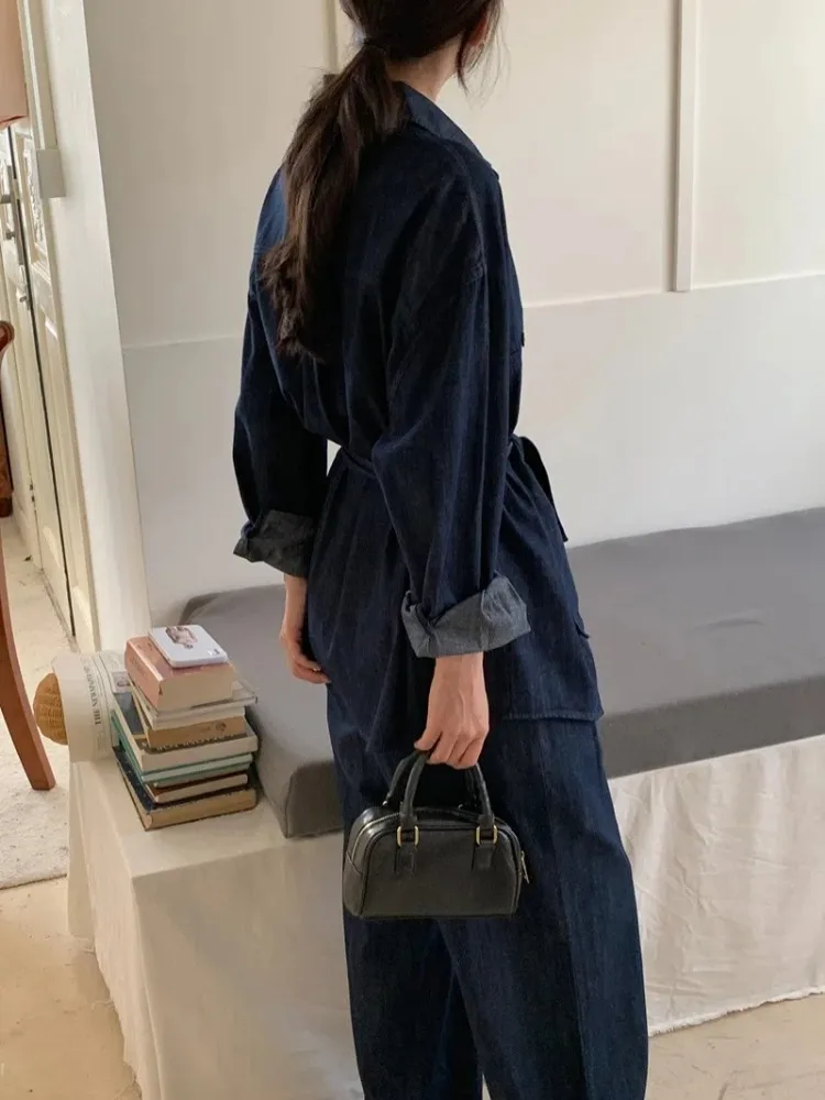 Ensemble deux pièces en denim pour femmes, chemise longue décontractée à simple boutonnage avec ceinture et taille haute élastique