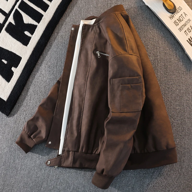 

Кожаное пальто с бейсбольным воротником для мужчин, элитная летная куртка для пар, повседневная мужская мотоциклетная кожаная куртка в американском стиле в стиле ретро