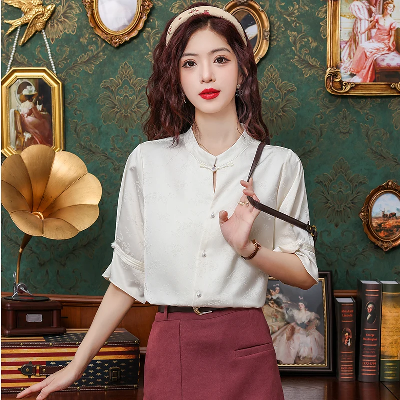 

Новинка, женская рубашка с коротким рукавом и воротником-стойкой, шифоновая рубашка в китайском стиле, блузка, женские топы, модные женские рубашки J398, 2024