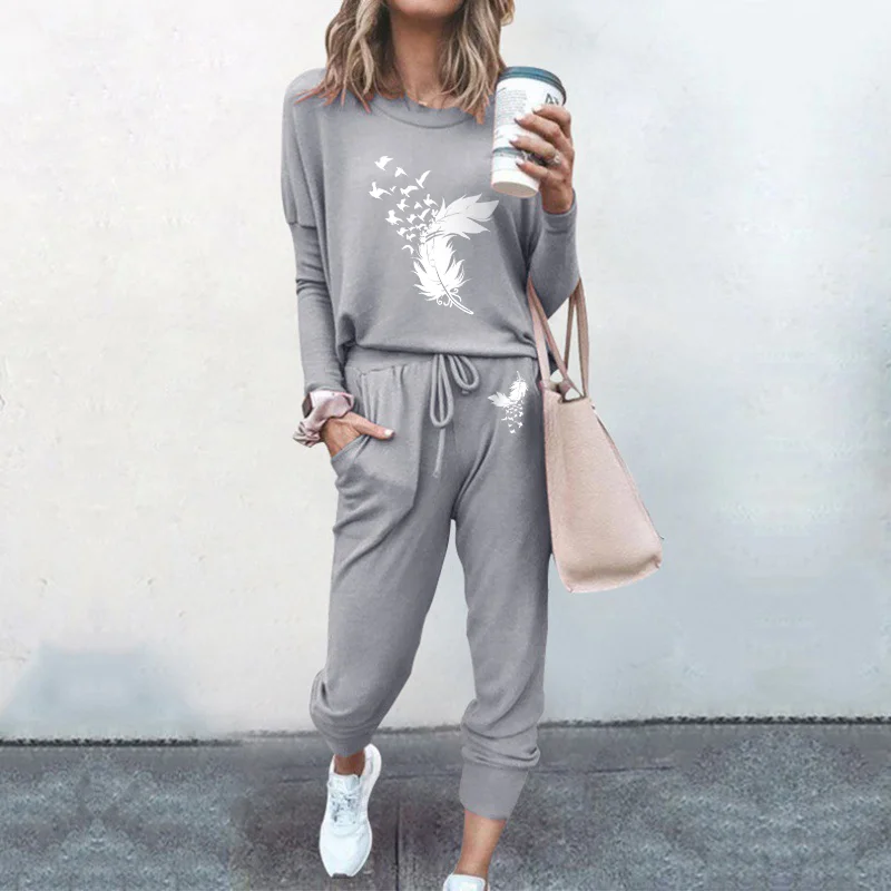 Elegant High Street Autumn Women\'s Set, 2024 New Casual Solid Color Printed Long Sleeve Pullover+Pants Two-piece Set