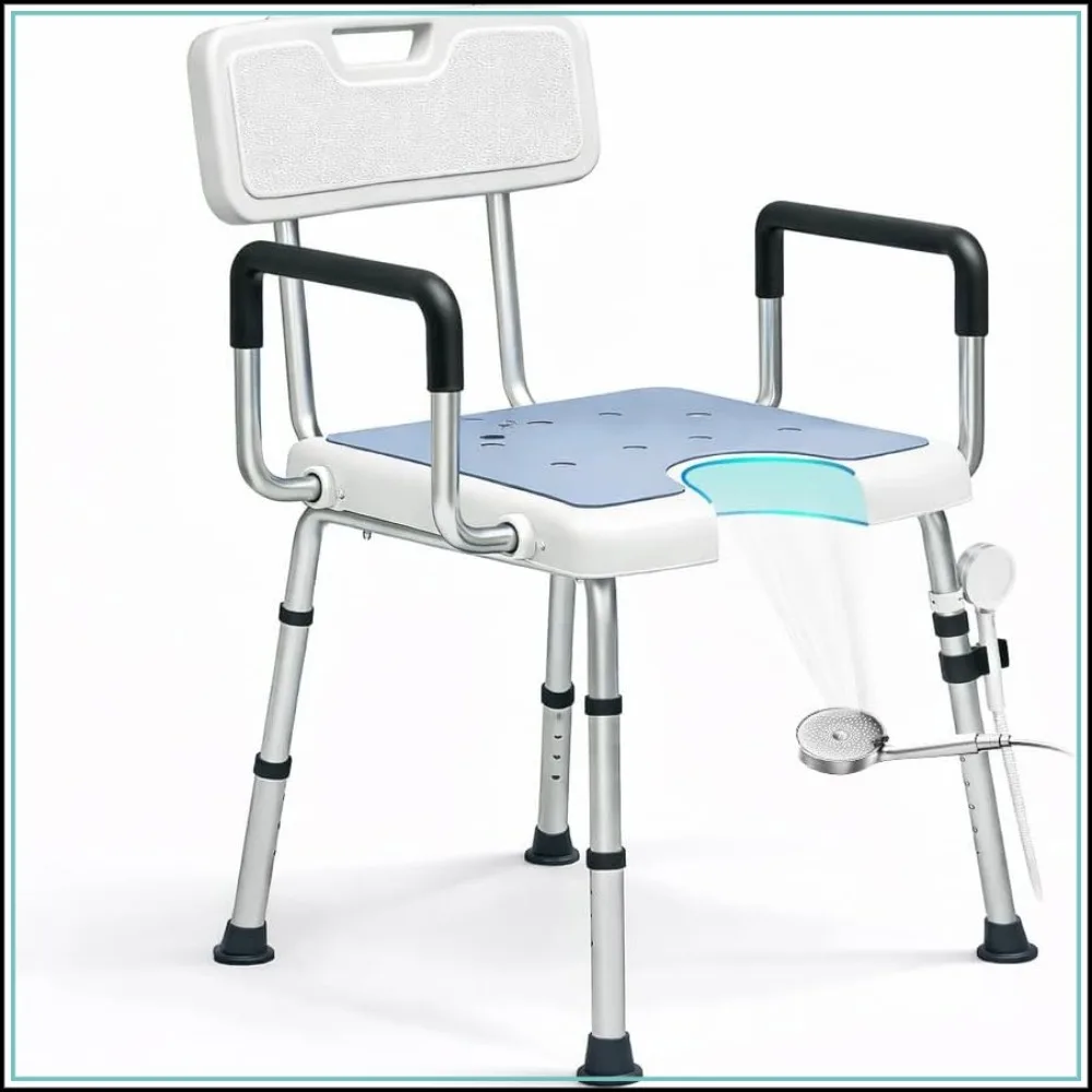 

4-in-1 Shower Chair with Arms and Back, 400lbs Capacity, Height Adjustable U-Shaped Seat, Easy Bathing, Tool-Free Assembly