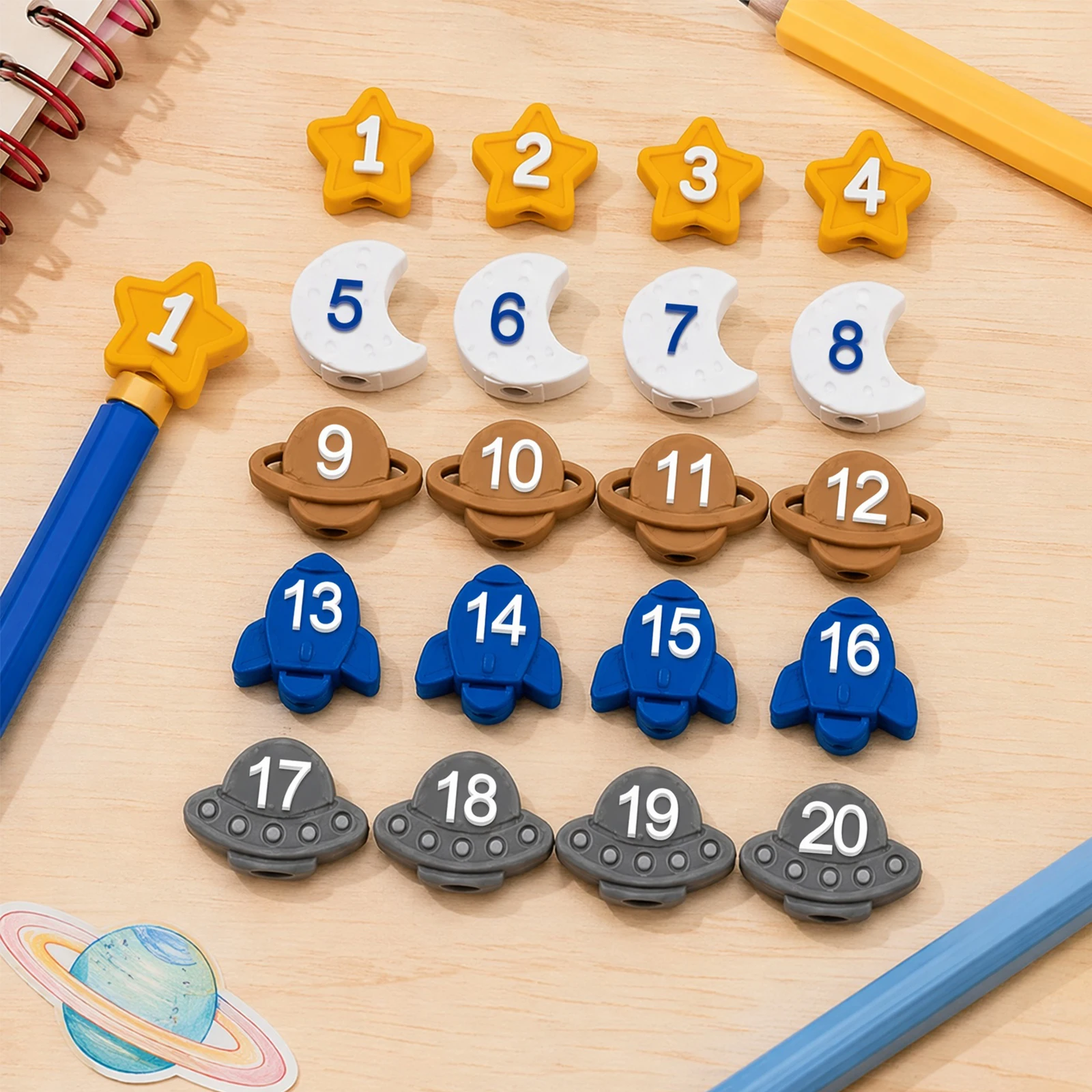 Space Theme Numbered Pencil Toppers Multi-Purpose Pencils Tracking Markers for School Supply Station/Classroom Organization