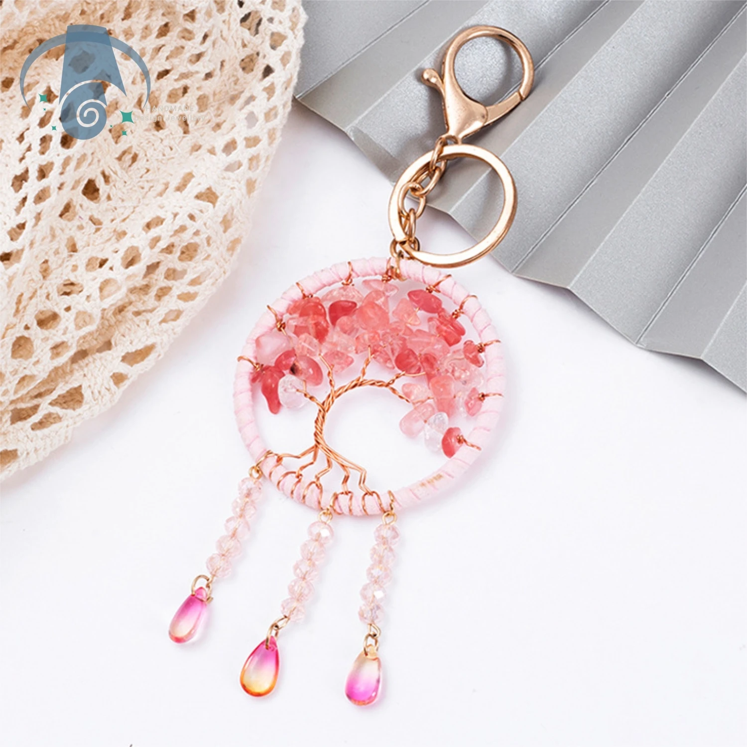 Tree of Life Pendant Car Charm Natural Stone Dream Catcher Handmade Keychain Bag Decoration Protection Amulet For Women Birthday