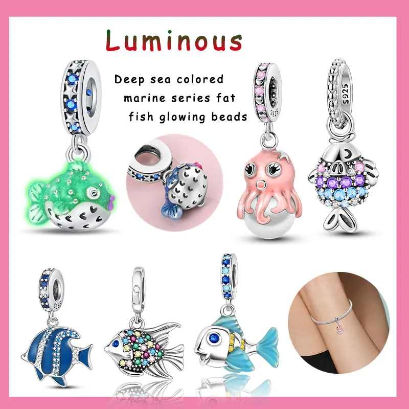 

925 Silver Fat Fish Charm Pink Octopus Glowing Pendant Original Bracelet Making Jewelry DIY Charm Gift