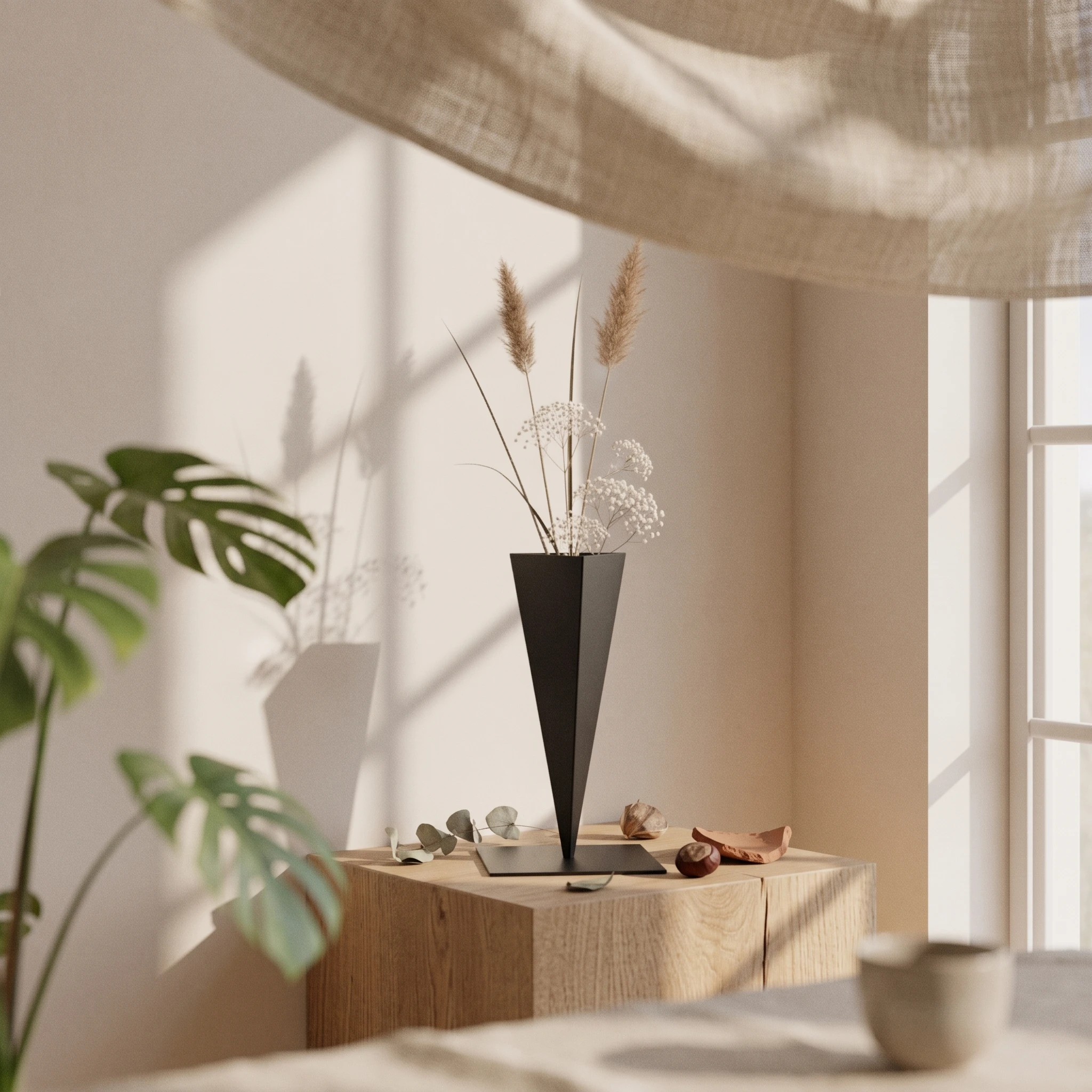 Iron Vase with Square Base Tapered Triangular Vase Flower Holder Sculptural Vessel Contemporary for Minimalists, Living Room