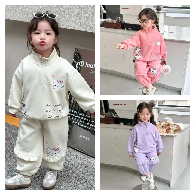 

Hot Sanrio Girl Sportswear Set Hello Kitty Kawaii Anime Autumn Child Sweatsuit Long Pants 2-Piece Set Children's Clothing New
