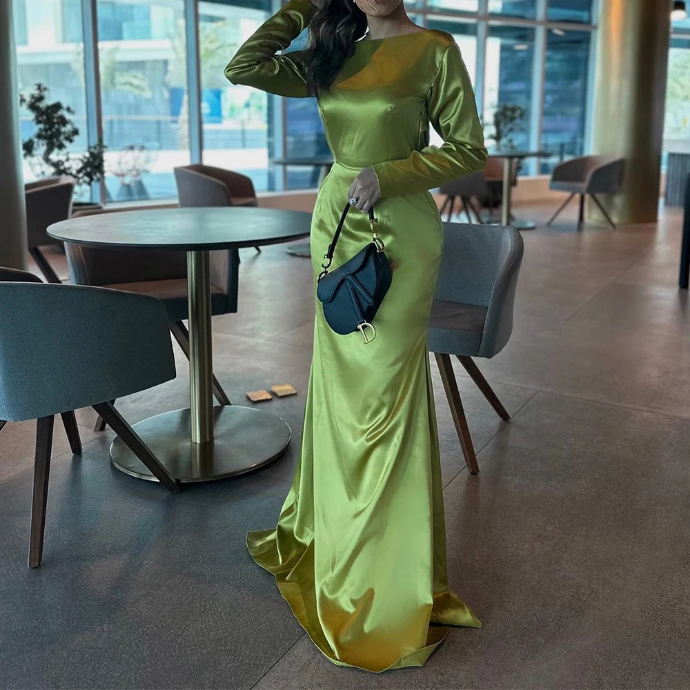 

Customized Graceful Satin Straight Evening Dress High Quality Long Sleeves Floor Length Crew neck платье вечернее