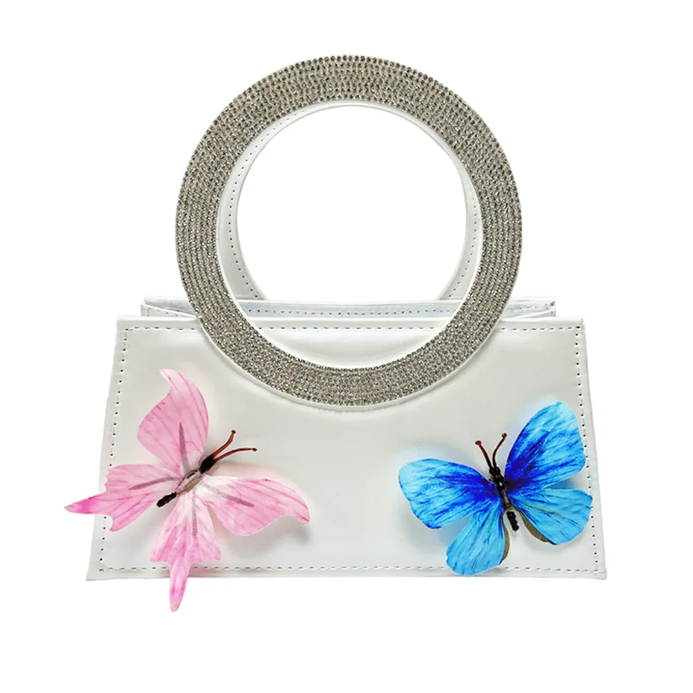 White Satin Rhinestone Circle Top Handle Bag 3D Butterfly Decor Mini Evening Clutch Luxury Wedding Party Purse For Mature Women