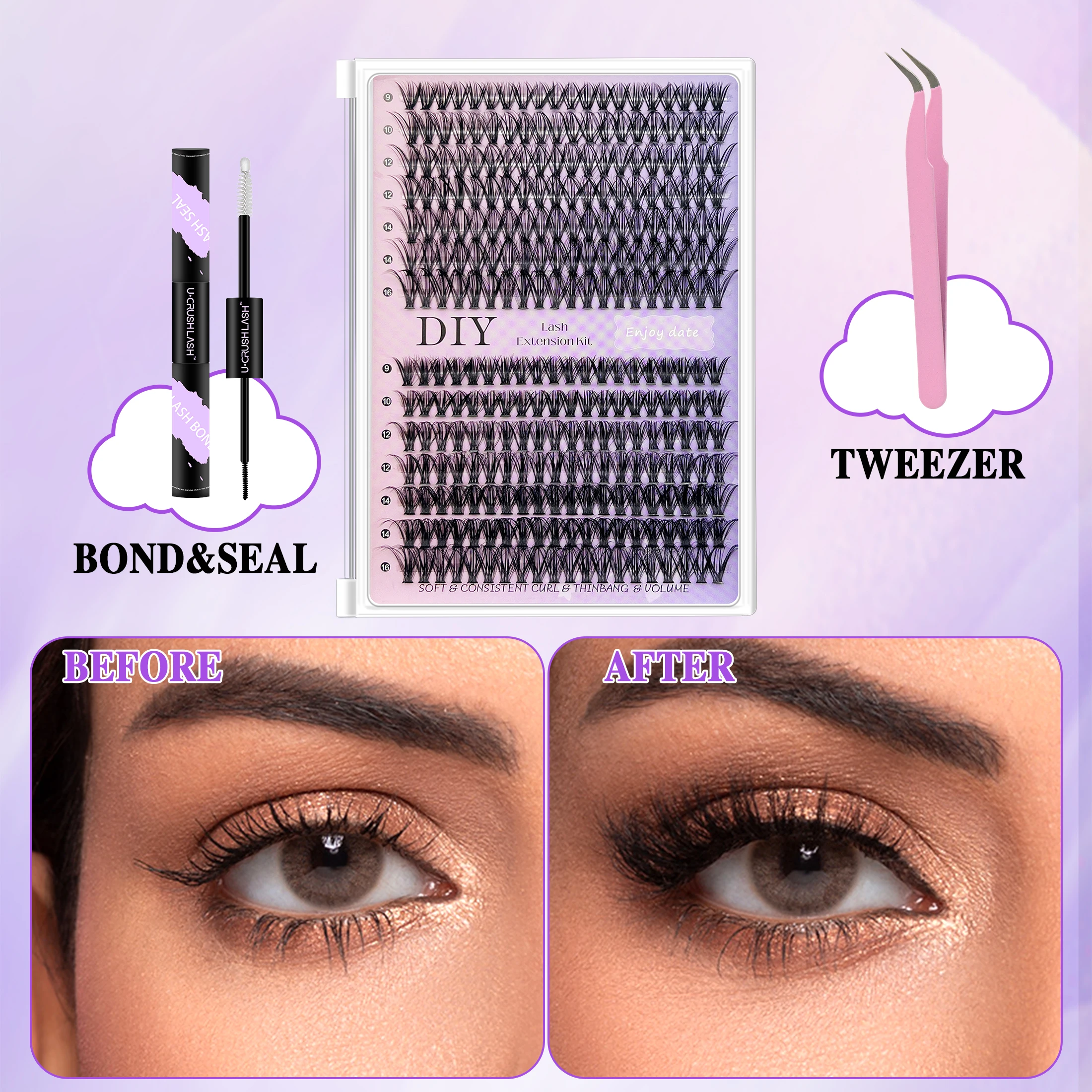 DIY Eyelash Extensions Kit  280pcs D Curl Wispy Fluffy Lash Clusters, False Eyelashes Set with glue makeup tools & accessories