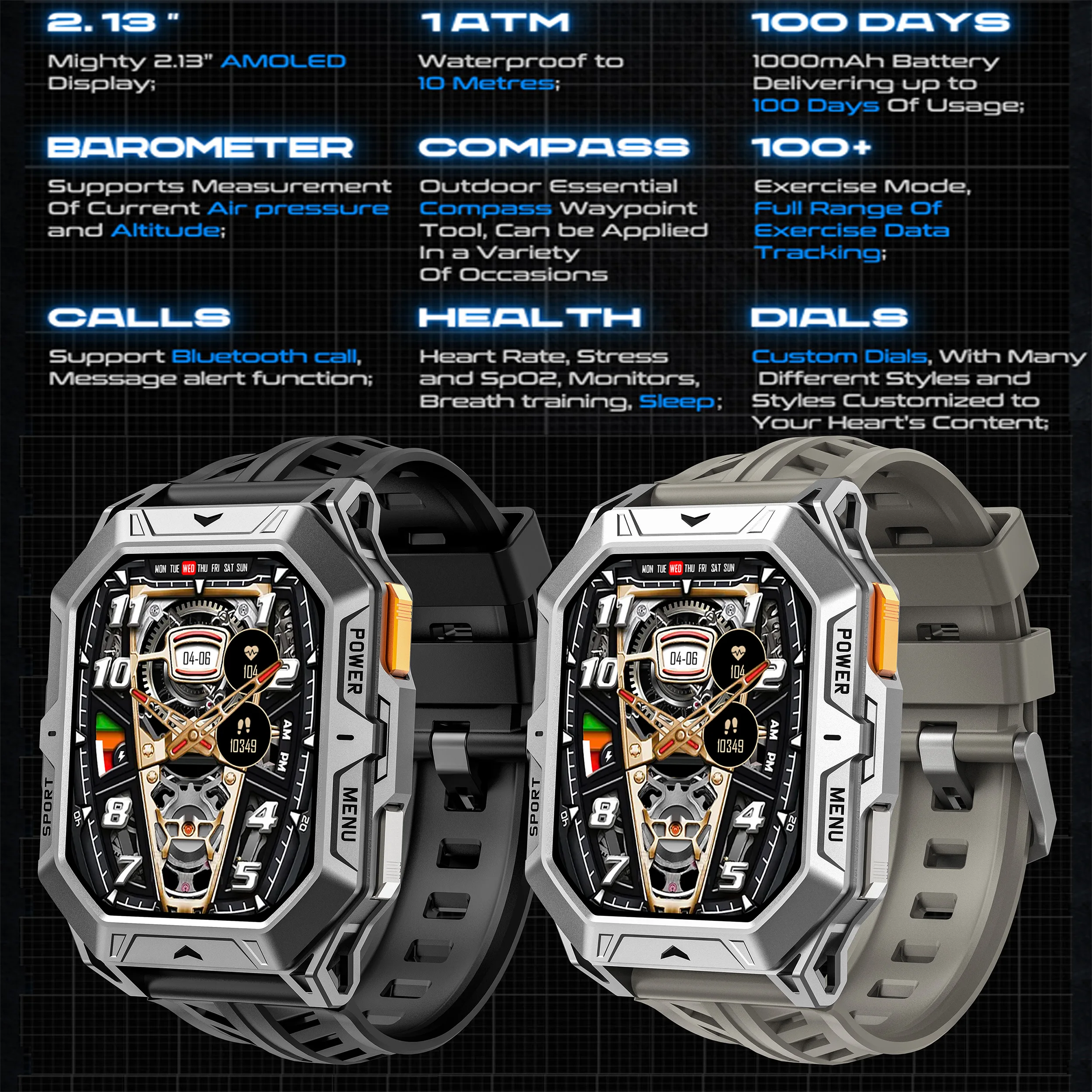 

2.13 Inch Screen 1ATM Waterproof 1000mAh Battery X1 Pro Smart Watch Heart Rate Blood Pressure Monitoring Outdoor Sports Watches