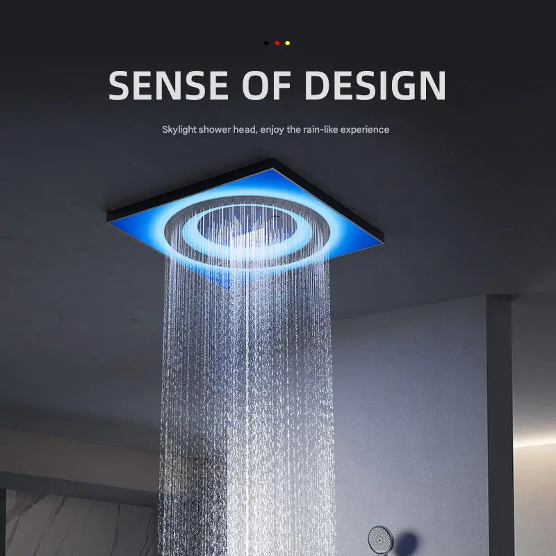 600X600MM Luxury Gun Grey Modern Concealed Ceiling Shower Bathroom LED Cool Light Rainfall Shower Head Smart Shower Set