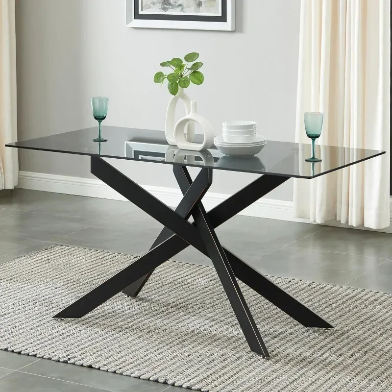 Modern Style Dining Table with Tempered Glass Top and Metal Tubular Legs,Suitable for living room, easy to assemble