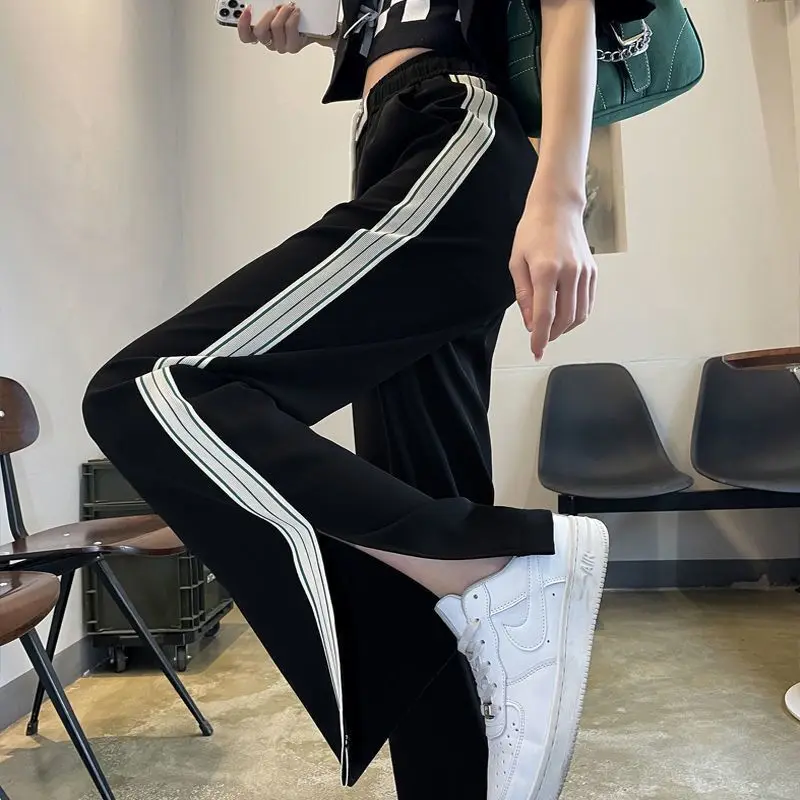 Abbigliamento donna estate Trendy Side Striped Harajuku Streetwear Y2K pantaloni a gamba larga pantaloni dritti a vita alta femminili Pantalones