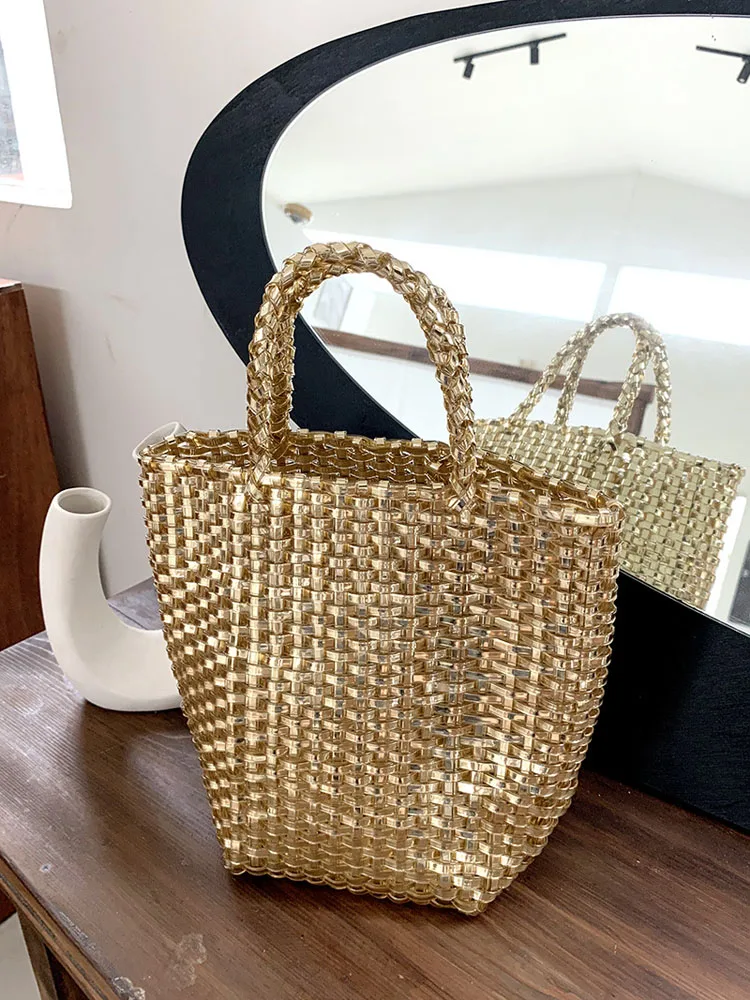 Hylhexyr Female Casual Tote Vegetable Basket Woven Bag Ins Fashion Handheld Beach Bags Summer PVC Handbag