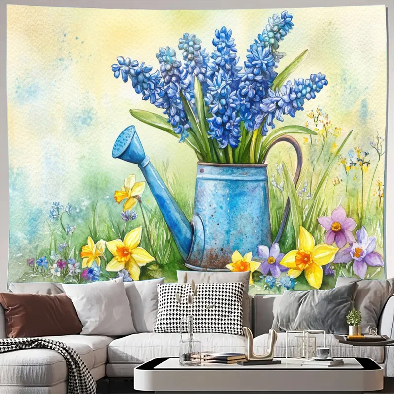 Watercolor Floral Wall Tapestry Cottagecore Spring Blue Flowers Botanical Art Home Decor Boho Nursery Decoration Hanging Poster