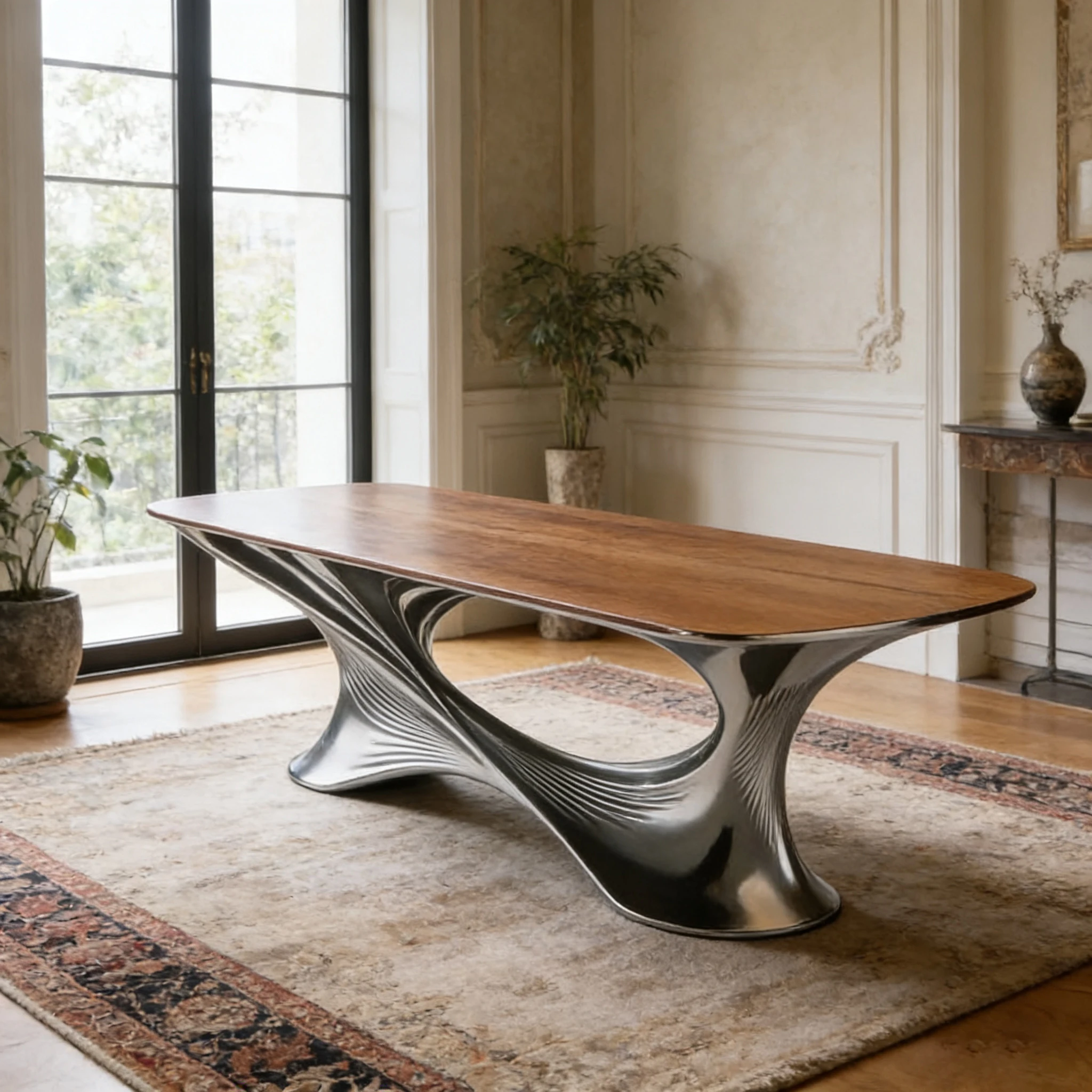 S*-Modern Artistic Dining Table Fiberglass Top Twisted Sculpture Base Center