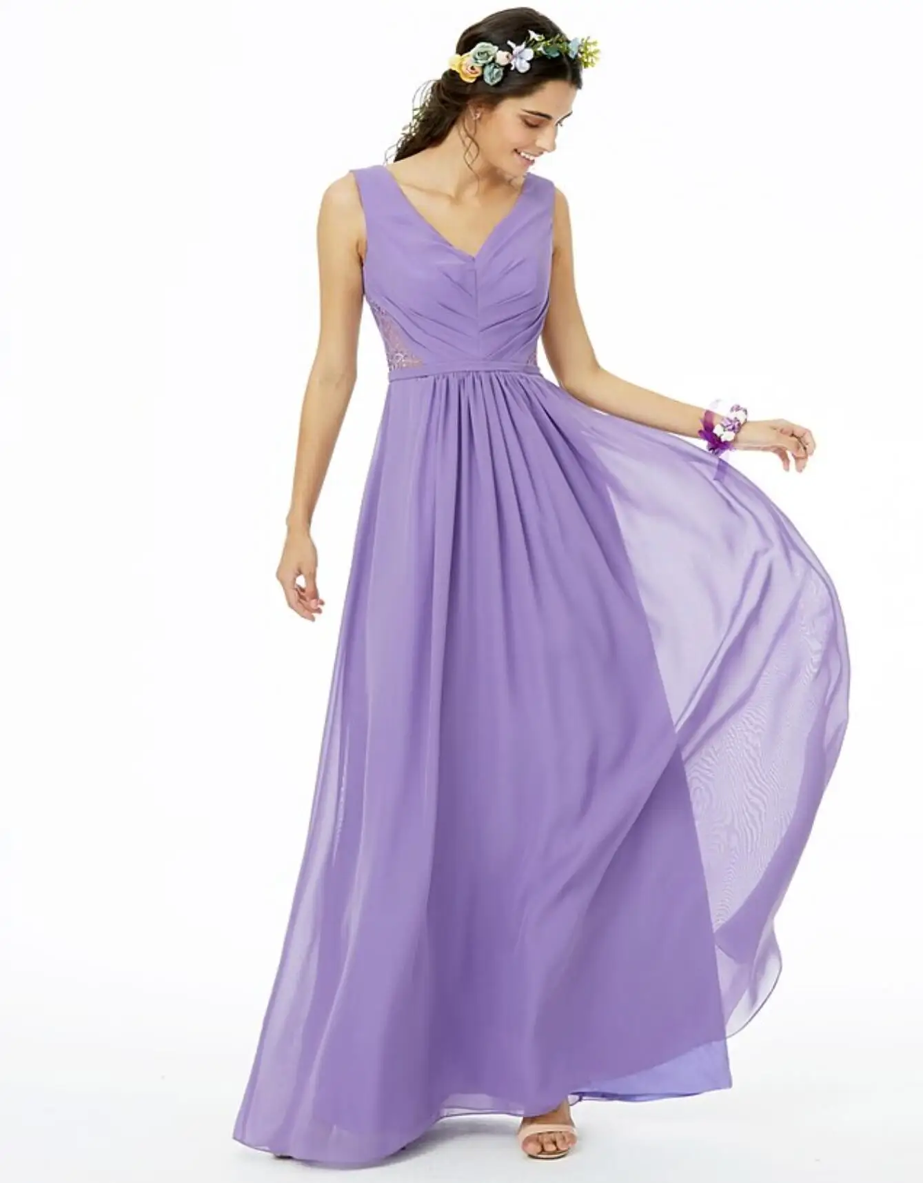 

V-Neck Chiffon Pleats Lace Floor- Length Bridesmaid dresses 2024