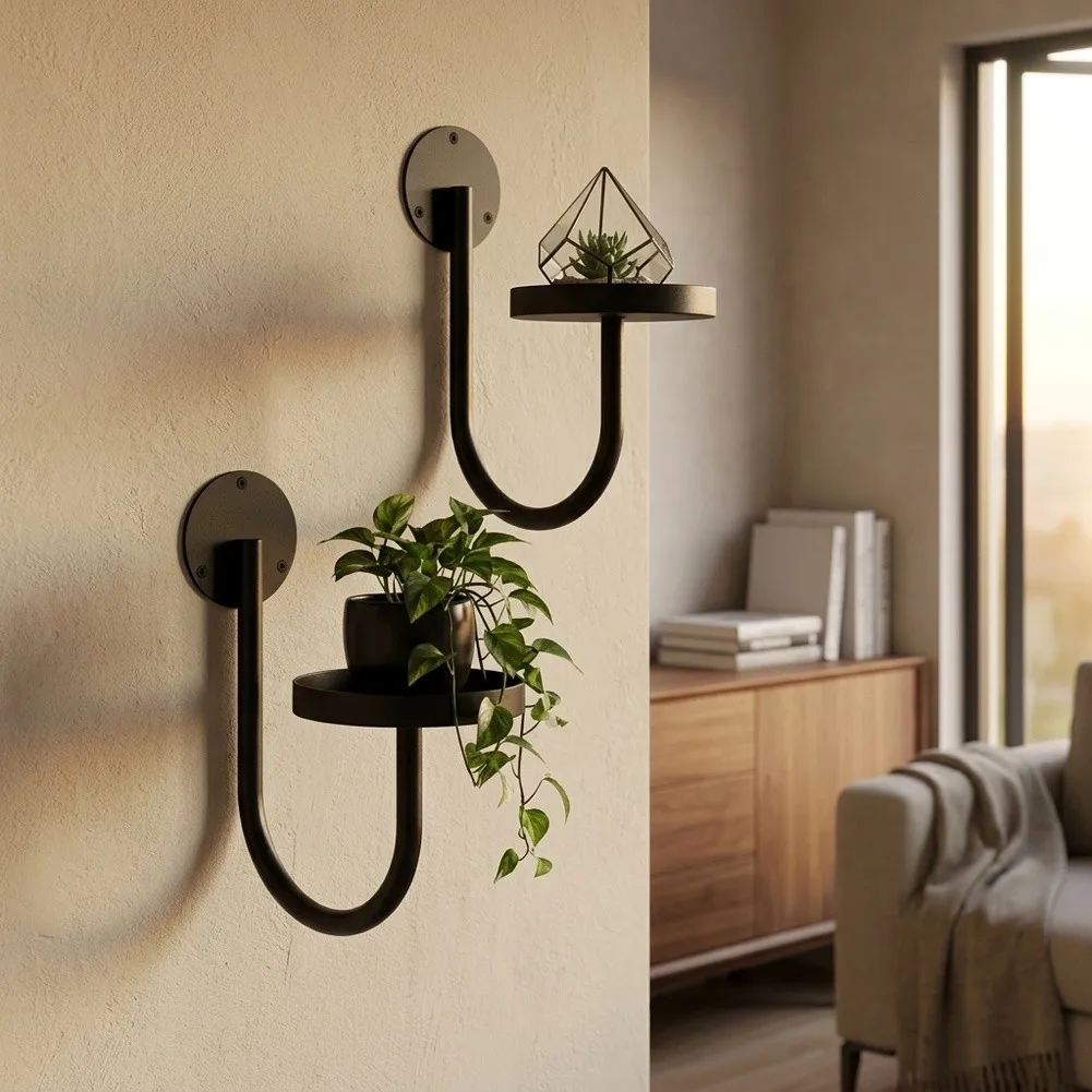 Wall Plant Holder with U Shaped Iron Frame for Vertical Greenery Arrangements and Decorative Object Presentation