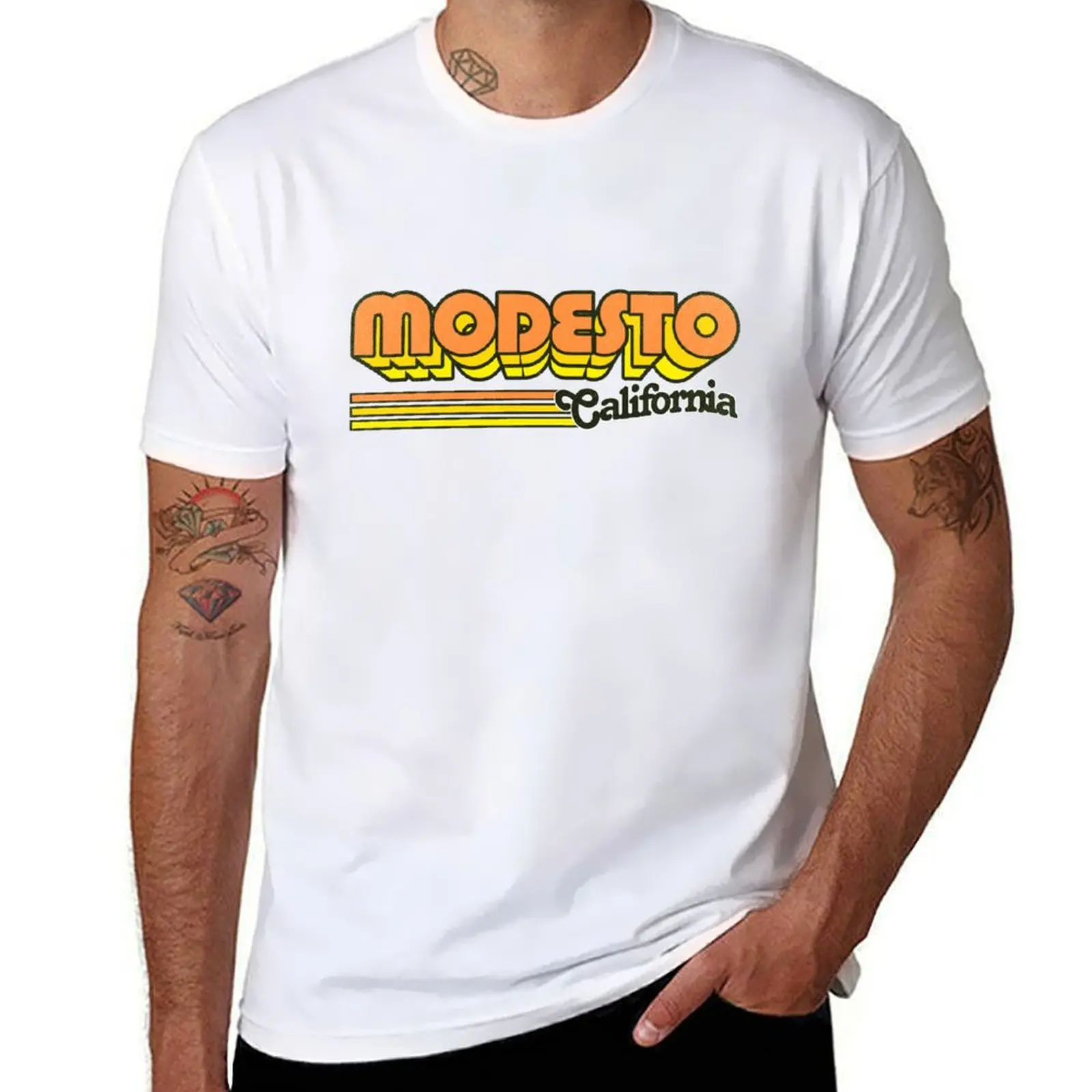 

Modesto, CA City Stripes T-Shirt man t shirt summer t shirts designer funny t shirts cotton T-shirt