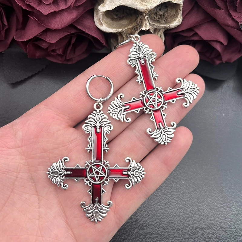 Gothic Large Silver Colour Enamel Cross Earrings with Black Punk Hallowmas Jewellery Gorgeous Wedding Statement Women