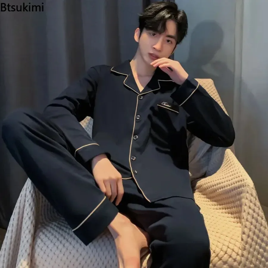 New 2026 Men's Casual Cotton Pajamas Sets Solid Loose Long Sleeve Home Clothes For Men Four Season Casual Sleepwear Lounge Wear